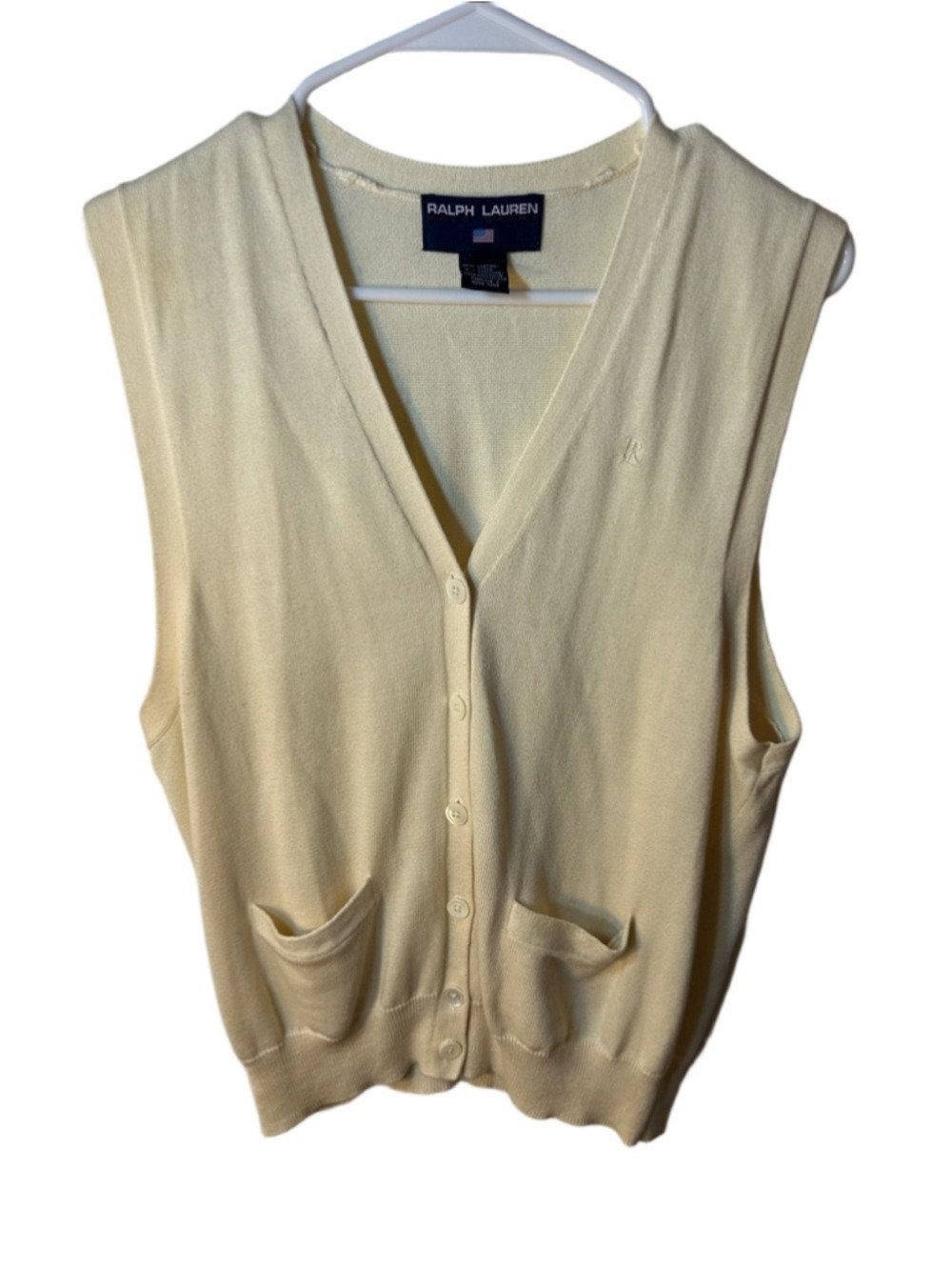 Vintage Ralph Lauren Cream V-Neck Button Cardigan Sweater Vest cashmere blend L